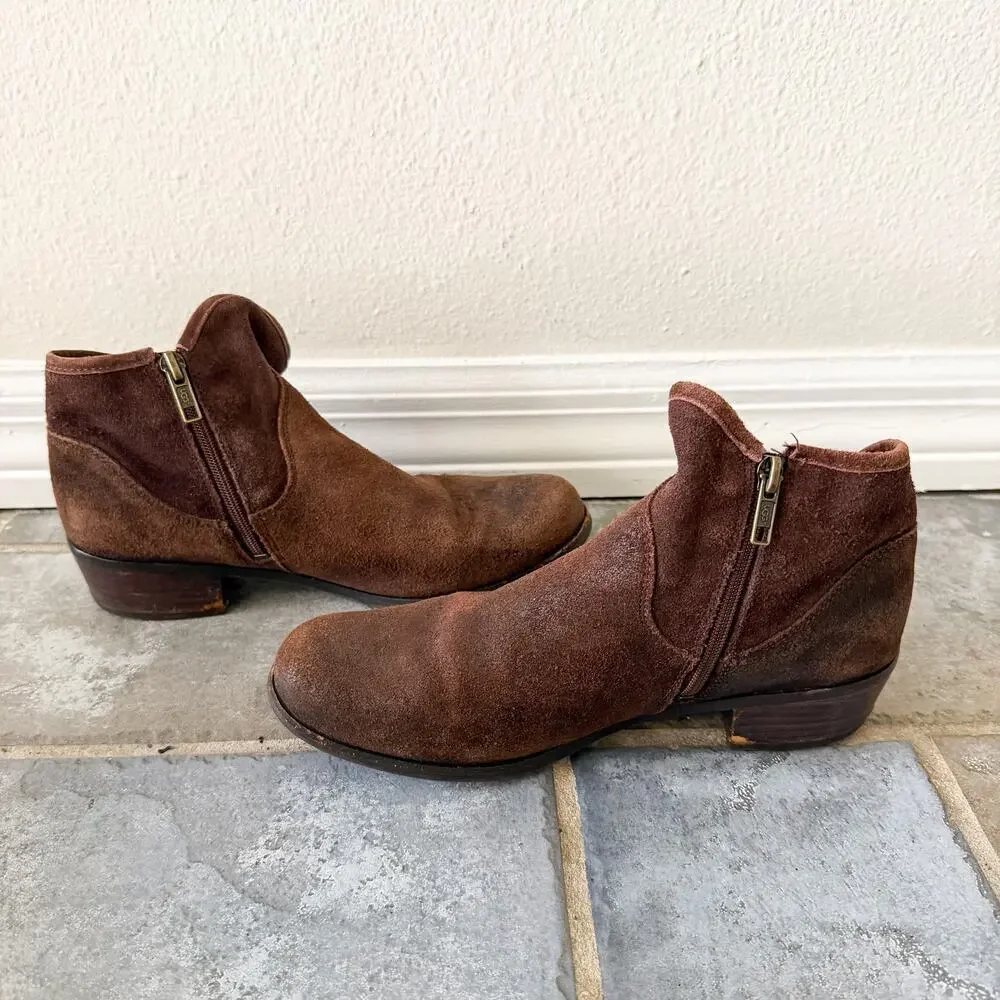 UGG Brown Suede Ankle Booties Zip Low Heel Women’s Size 6